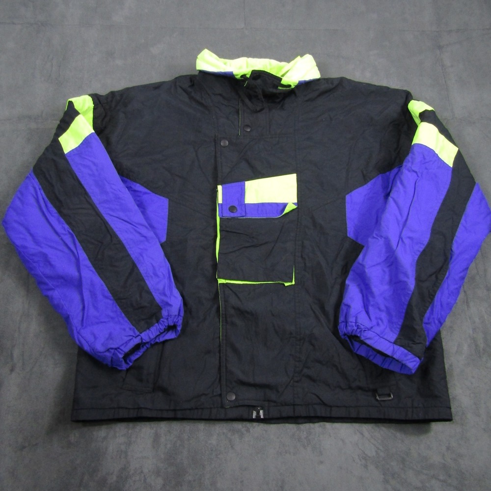 Inside Edge Ski Jacket Mens Large Black Purple Neon Yellow Retro Colorblock 90s